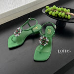 Women's Handmade Silk Fabric Crystal Thong Sandals, Mid-Heel Ankle Strap Party Heels With Sheepskin Lining