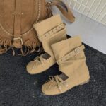 2026 Spring & Summer New Inner Heightening Ballet Sandal Boots, Belt Buckle Round Toe Bow Muted Tone Slouchy Boots