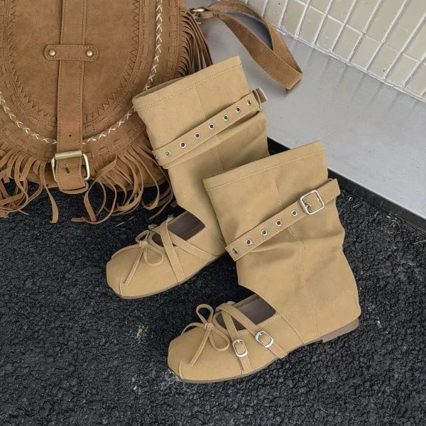 2026 Spring & Summer New Inner Heightening Ballet Sandal Boots, Belt Buckle Round Toe Bow Muted Tone Slouchy Boots