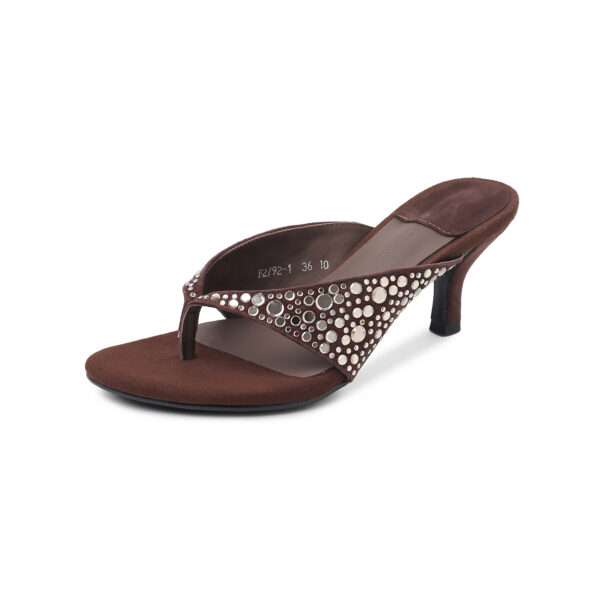 Women's Handmade Suede Rhinestone Kitten Heel Thong Sandals, High Heel Open-Toe Mule Slides With Pigskin Lining & Sheepskin Insole