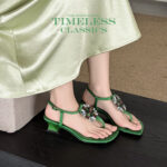 Women's Handmade Silk Fabric Crystal Thong Sandals, Mid-Heel Ankle Strap Party Heels With Sheepskin Lining
