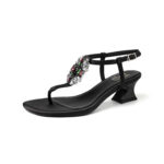 Women's Handmade Silk Fabric Crystal Thong Sandals, Mid-Heel Ankle Strap Party Heels With Sheepskin Lining