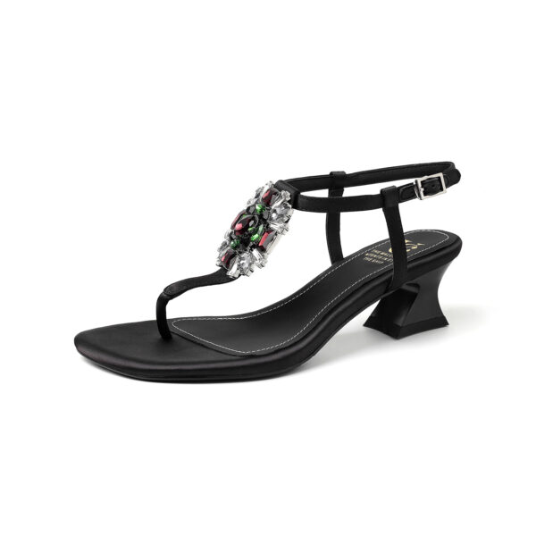 Women's Handmade Silk Fabric Crystal Thong Sandals, Mid-Heel Ankle Strap Party Heels With Sheepskin Lining