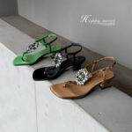 Women's Handmade Silk Fabric Crystal Thong Sandals, Mid-Heel Ankle Strap Party Heels With Sheepskin Lining