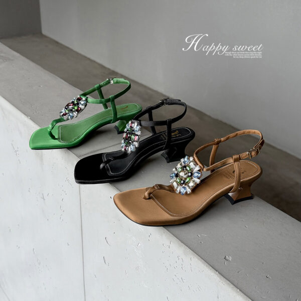 Women's Handmade Silk Fabric Crystal Thong Sandals, Mid-Heel Ankle Strap Party Heels With Sheepskin Lining