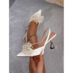 Fashionable Pearl-flower-shaped Square-bead Stiletto Sandals With A Pointed Toe And Ankle Strap For Women
