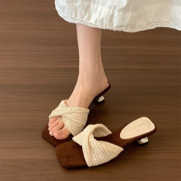 Niche Retro Square-Toe Knit French High Heel One-Strap Sandals Fairy Slippers Flat Sandals
