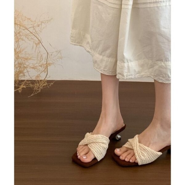 Niche Retro Square-Toe Knit French High Heel One-Strap Sandals Fairy Slippers Flat Sandals