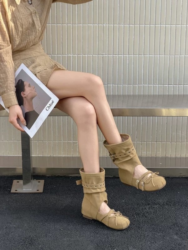 2026 Spring & Summer New Inner Heightening Ballet Sandal Boots, Belt Buckle Round Toe Bow Muted Tone Slouchy Boots