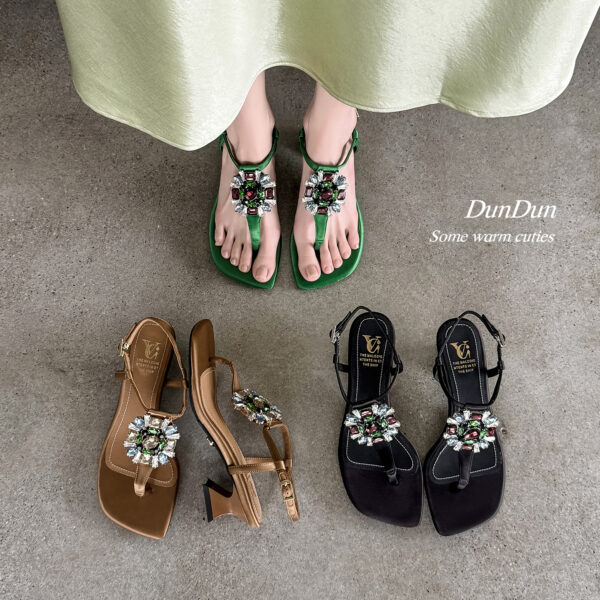 Women's Handmade Silk Fabric Crystal Thong Sandals, Mid-Heel Ankle Strap Party Heels With Sheepskin Lining