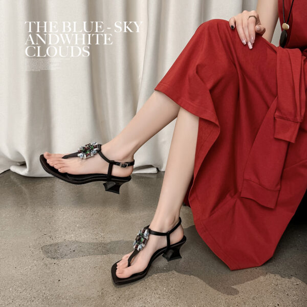 Women's Handmade Silk Fabric Crystal Thong Sandals, Mid-Heel Ankle Strap Party Heels With Sheepskin Lining