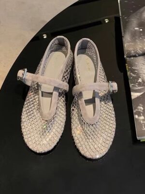 Sparkling Rhinestone Hollow-out Fishnet Pumps With A Single Strap Mary Jane Style