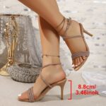 Thin Heeled High Heels With Exposed Toes, Women's Rhinestone Silver Versatile Party Shoes, One Button Strap Women's Sandals