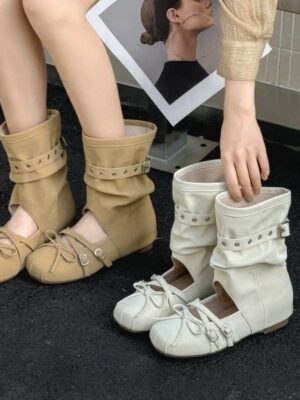 2026 Spring & Summer New Inner Heightening Ballet Sandal Boots, Belt Buckle Round Toe Bow Muted Tone Slouchy Boots