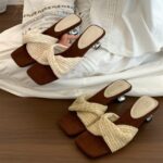 Niche Retro Square-Toe Knit French High Heel One-Strap Sandals Fairy Slippers Flat Sandals