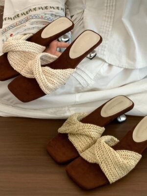 Niche Retro Square-Toe Knit French High Heel One-Strap Sandals Fairy Slippers Flat Sandals