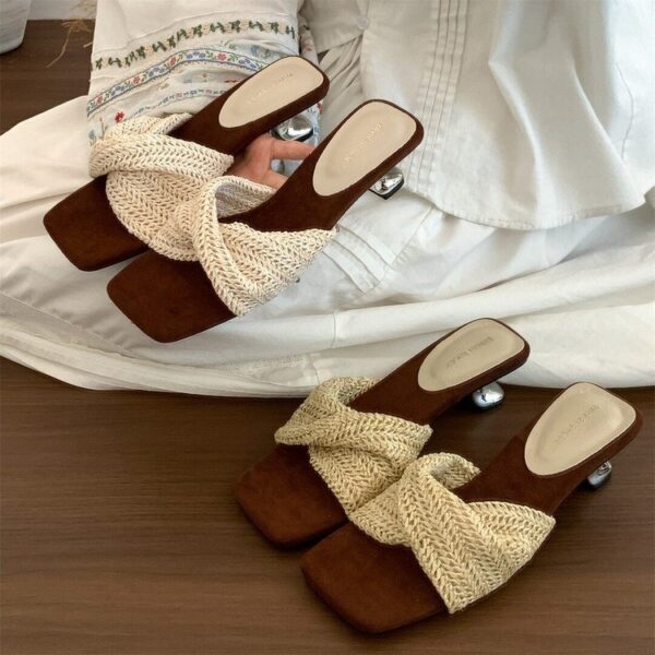 Niche Retro Square-Toe Knit French High Heel One-Strap Sandals Fairy Slippers Flat Sandals