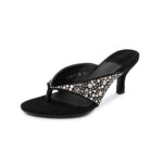 Women's Handmade Suede Rhinestone Kitten Heel Thong Sandals, High Heel Open-Toe Mule Slides With Pigskin Lining & Sheepskin Insole