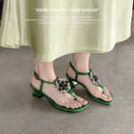 Women's Handmade Silk Fabric Crystal Thong Sandals, Mid-Heel Ankle Strap Party Heels With Sheepskin Lining