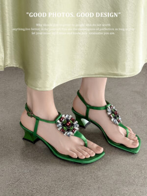 Women's Handmade Silk Fabric Crystal Thong Sandals, Mid-Heel Ankle Strap Party Heels With Sheepskin Lining