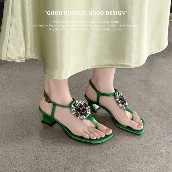 Women's Handmade Silk Fabric Crystal Thong Sandals, Mid-Heel Ankle Strap Party Heels With Sheepskin Lining