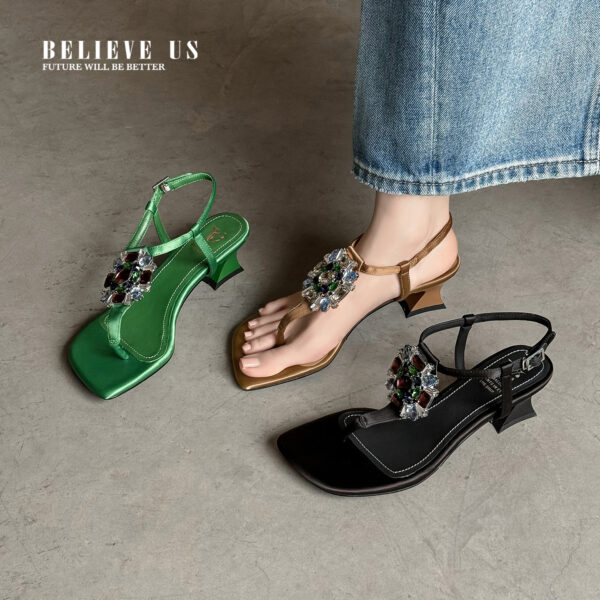 Women's Handmade Silk Fabric Crystal Thong Sandals, Mid-Heel Ankle Strap Party Heels With Sheepskin Lining