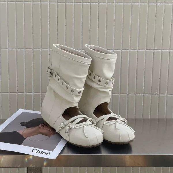 2026 Spring & Summer New Inner Heightening Ballet Sandal Boots, Belt Buckle Round Toe Bow Muted Tone Slouchy Boots