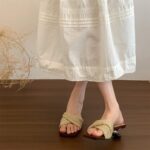 Niche Retro Square-Toe Knit French High Heel One-Strap Sandals Fairy Slippers Flat Sandals