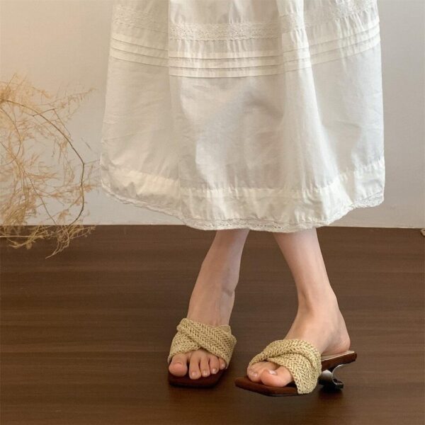 Niche Retro Square-Toe Knit French High Heel One-Strap Sandals Fairy Slippers Flat Sandals