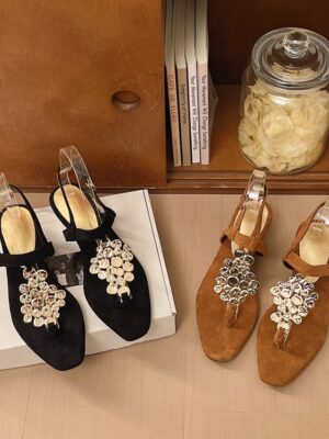 French Metal Grape Decorated Open-back Stiletto Sandals, Women Toe Post Velvet Insole Elegant Stylish Sandals
