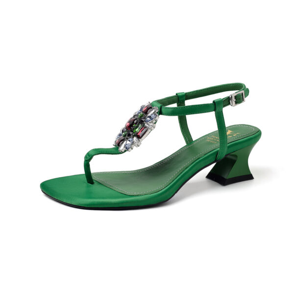 Women's Handmade Silk Fabric Crystal Thong Sandals, Mid-Heel Ankle Strap Party Heels With Sheepskin Lining