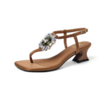 Women's Handmade Silk Fabric Crystal Thong Sandals, Mid-Heel Ankle Strap Party Heels With Sheepskin Lining