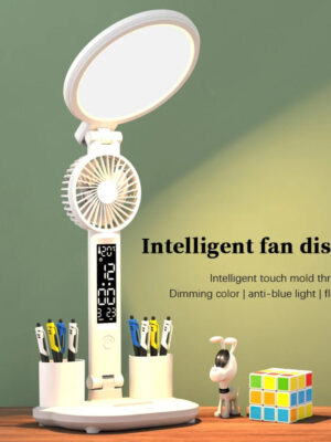 LED Clock Table Lamp USB Chargeable Dimmable Desk Lamp Plug-in LED Fan Light Foldable Eye Protection Reading Night Light