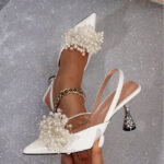 Fashionable Pearl-flower-shaped Square-bead Stiletto Sandals With A Pointed Toe And Ankle Strap For Women