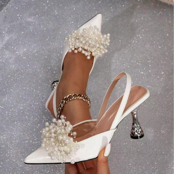 Fashionable Pearl-flower-shaped Square-bead Stiletto Sandals With A Pointed Toe And Ankle Strap For Women