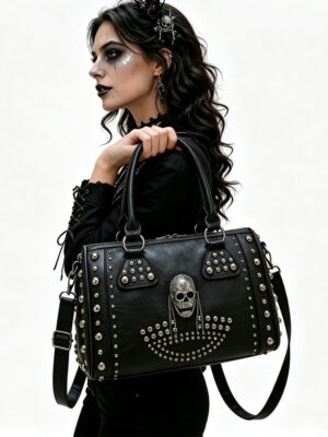 Gothic Punk Skull Rivet Handbag For Women, Halloween Studded PU Leather Large Capacity Shoulder Crossbody Bag, Halloween Party Cosplay Gift