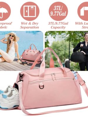 Gym Duffle Bag with Shoe Compartment & Wet Pocket 37L Waterproof Sports Travel Bag for Men Women Carry On Weekender Overnight Tote with Adjustable Shoulder Strap for Gym Swim Yoga Travel